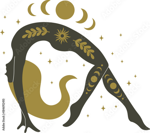 Female figure performing yoga with celestial elements