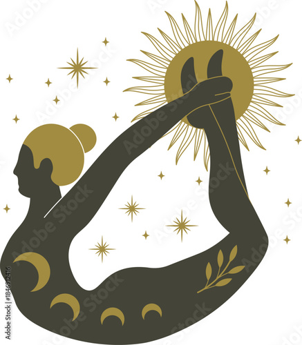 Woman practicing yoga bow pose with celestial sun