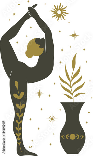 Woman practicing yoga with botanical and celestial elements