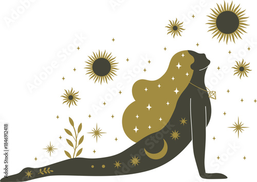 Woman performing yoga pose connecting with cosmic energy