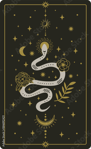 Serpent coiling with blooming flowers and celestial elements