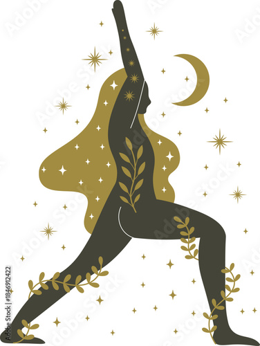 Woman practicing yoga warrior pose reaching for stars