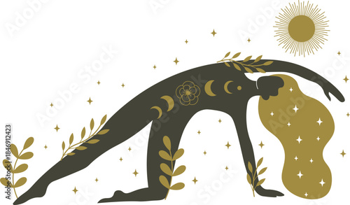 Celestial woman connecting with cosmic energy and nature