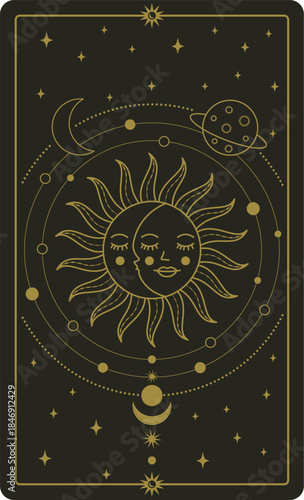 Celestial sun and moon faces mystical design element