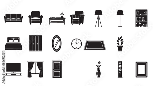 Black Furniture and Home Decor Icons on White Background