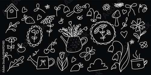 Charming doodle set of garden nature elements on black background