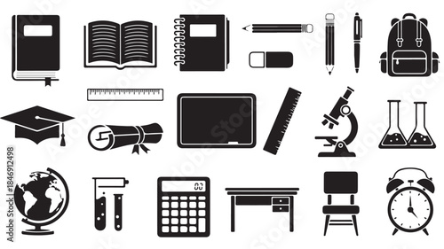 Education Icons Set with School Supplies and Learning Tools on White Background