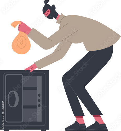 Thief storing money bag in open empty safe