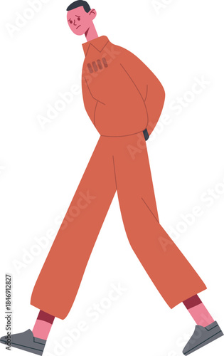 Prisoner walking in orange uniform with hands behind back