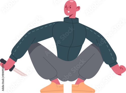 Angry person squatting and holding a knife