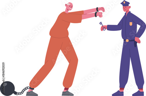 Police officer offering key unlocking prisoner handcuffs and leg chain