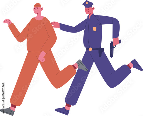 Police officer chasing escaping prisoner on white background