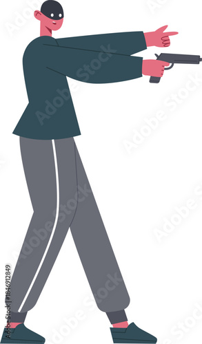 Masked criminal pointing handgun during committing illegal activity