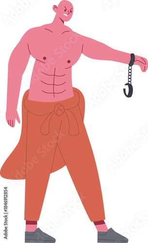 Angry bald man breaking free from handcuffs
