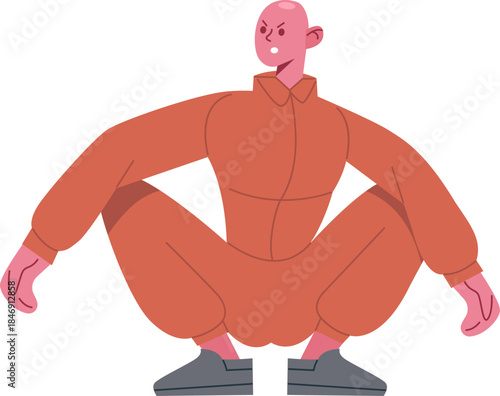 Prisoner in orange jumpsuit squatting showing anger