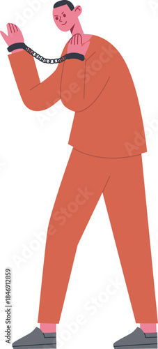 Criminal man wearing orange jumpsuit with handcuffs