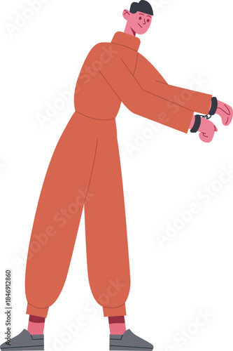 Prisoner wearing uniform and handcuffs smiling