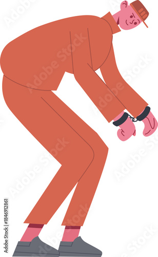Prisoner in orange jumpsuit bending with handcuffs