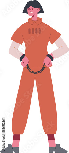 Female prisoner standing in orange jumpsuit holding handcuffs