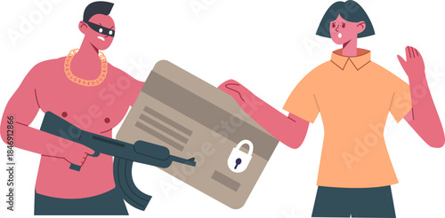 Financial fraudster stealing credit card with rifle weapon