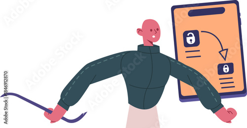 Hacker holding crowbar breaking into digital security system