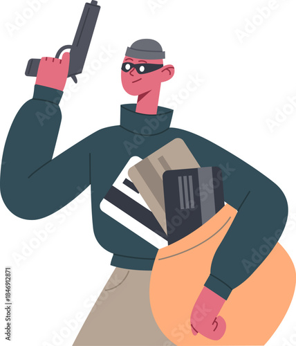 Thief holding gun and stolen credit cards