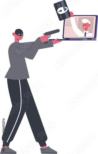 Thief robbing online data from laptop with gun