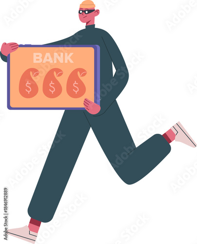 Thief running away stealing money from bank