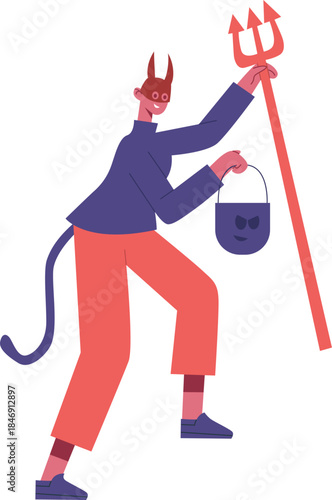 Woman dressed as devil holding trident bucket for Halloween