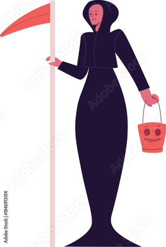 Grim reaper character holding scythe and Halloween bucket