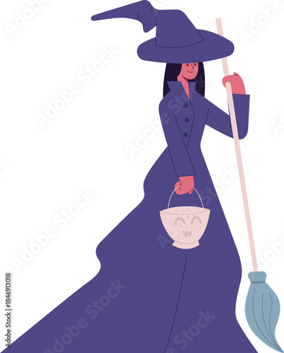 Witch holding broom and bucket celebrating Halloween party
