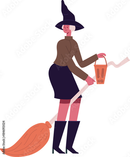 Witch flying on broomstick holding Halloween candy bucket