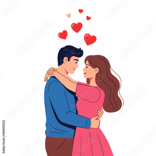 romantic couple embracing with floating hearts symbolizing love and affection in a cute cartoon