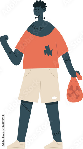 Frankenstein character standing celebrating Halloween trick or treating