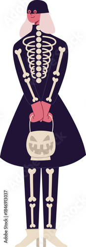 Person wearing skeleton costume holding Halloween pumpkin bucket