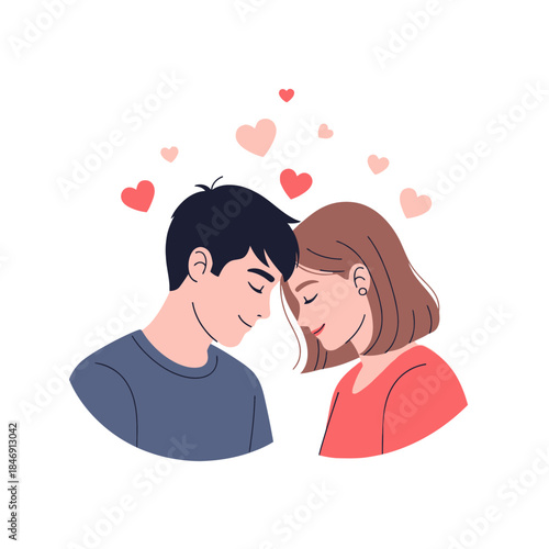 romantic illustration of young couple showing love and affection with hearts around their heads