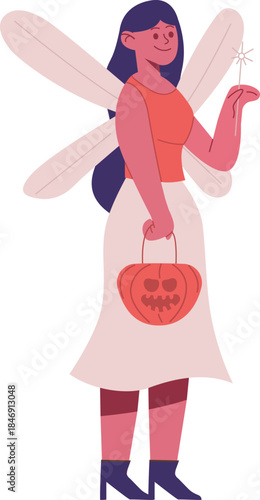 Fairy character holding a magic wand and Halloween pumpkin bucket