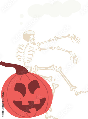 Skeleton dancing with grinning jack o' lantern for Halloween