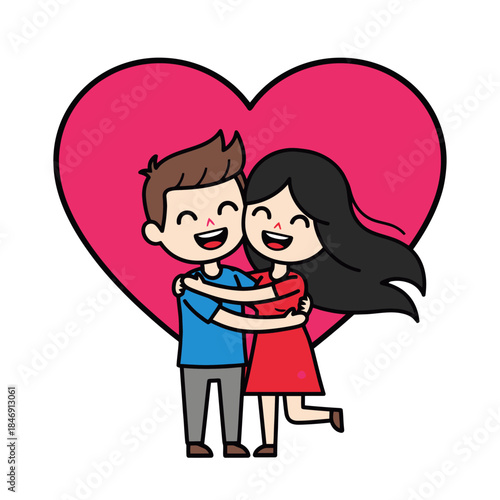 Cute cartoon couple happily embracing in front of a large pink heart for love and affection