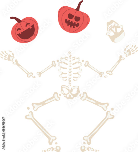 Skeleton dancing with jack o' lanterns and skull