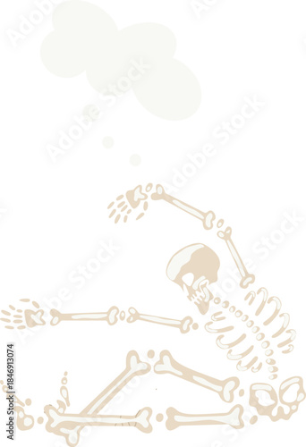 Skeleton collecting bones thinking with thought bubble
