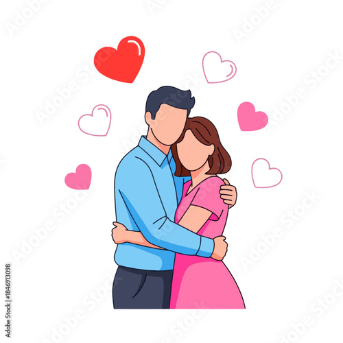 romantic couple embracing with love hearts surrounding them in a cheerful illustration