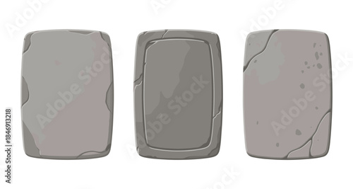 Three ancient stone tablets with different textures and cracks, isolated on white background