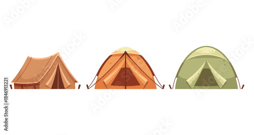 Three different styles of camping tents arranged side by side on a white background