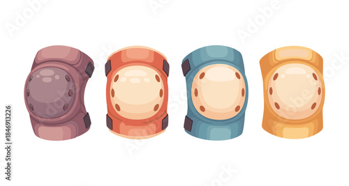 Set of four colorful protective knee pads for skateboarding and sports