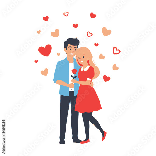 Cute cartoon couple celebrating love with hearts around them in a romantic scene