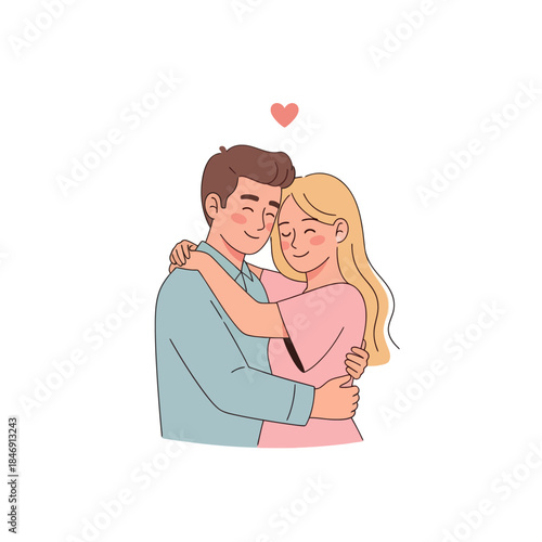 Cute cartoon couple embracing with a small heart above their heads expressing love and affection