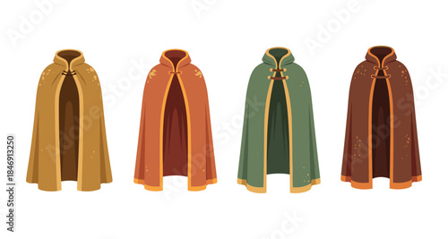 Four fantasy cloaks in different earthy colors with ornate closures