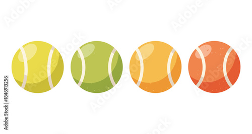 Four colorful tennis balls in a row, yellow, green, orange, and red