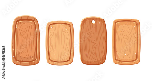 Set of four wooden cutting boards with different shapes and wood grain patterns